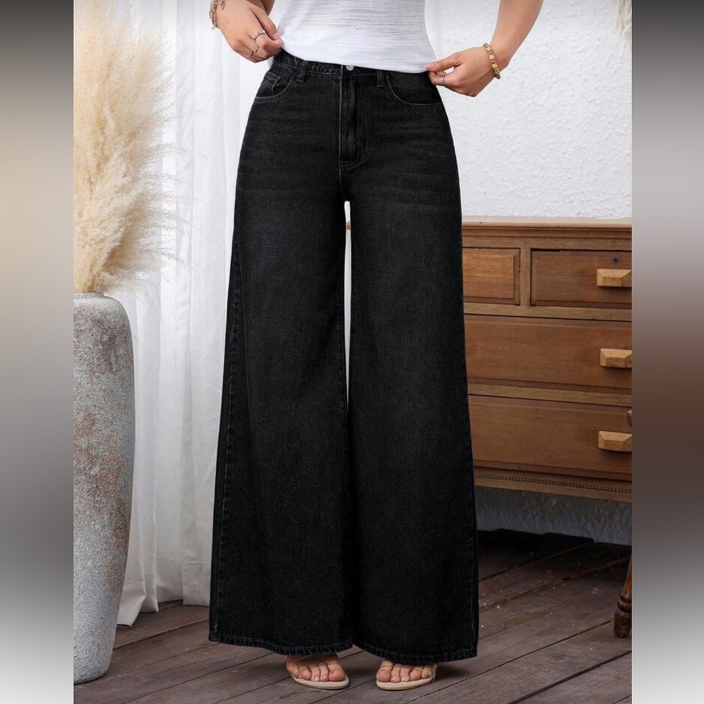 Women's Black Denim Wide-Leg Pants Jeans - Picture 4 of 7